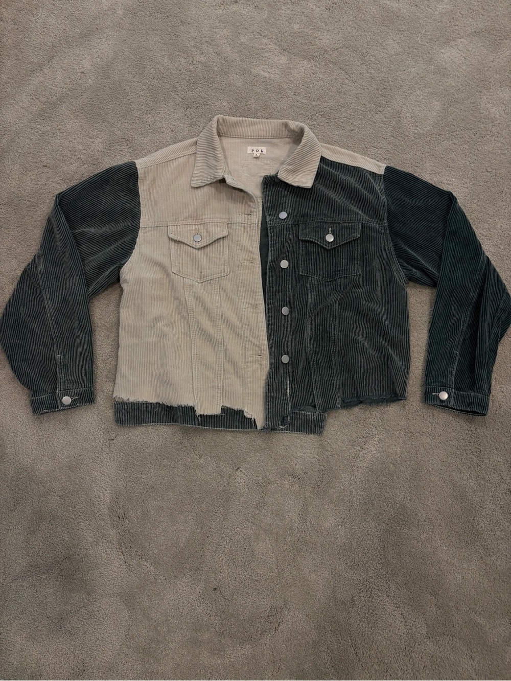 Two-Tone Corduroy Trucker Jacket - Beige & Dark Green